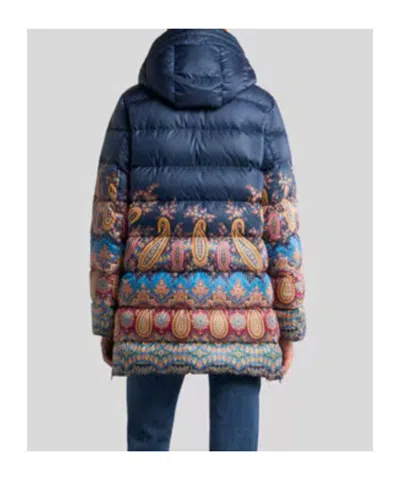 Etro Long Hooded Quilted Jacket With Paisley Pattern In Blue