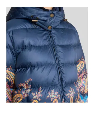 Etro Long Hooded Quilted Jacket With Paisley Pattern In Blue