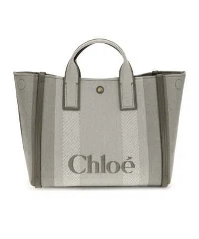 Chloé Carry Small Tote Bag In Dark Green Striped Canvas In Gray