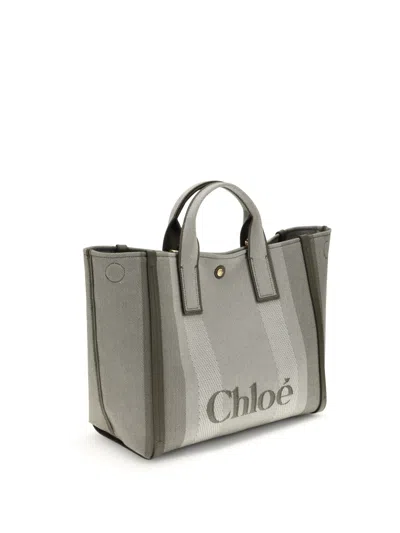 Chloé Carry Small Tote Bag In Dark Green Striped Canvas In Gray