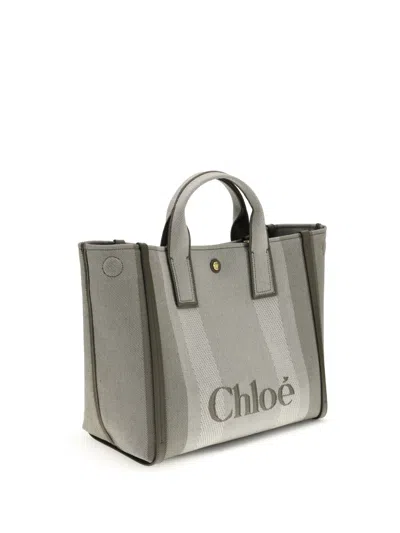 Chloé Carry Small Tote Bag In Dark Green Striped Canvas In Gray