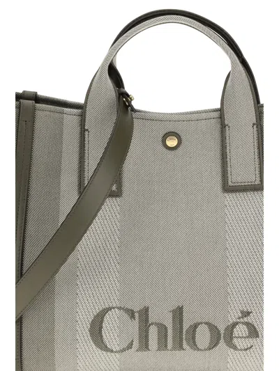 Chloé Carry Small Tote Bag In Dark Green Striped Canvas In Gray