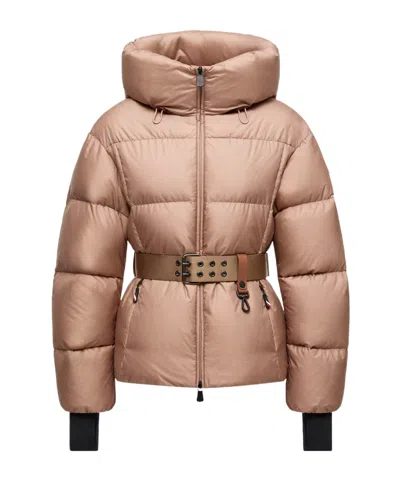 Moncler Nisene Hooded Belted Quilted Ripstop Down Ski Jacket In Neutral