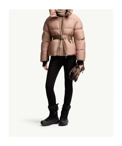 Moncler Nisene Hooded Belted Quilted Ripstop Down Ski Jacket In Neutral