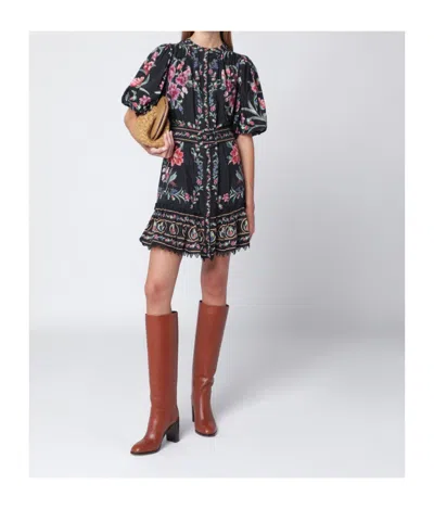 Farm Rio Belle Garden Floral-print Cotton-blend Mini Dress In Black