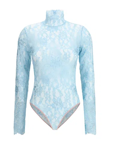 Valentino High Neck Long Sleeve Floral Lace Bodysuit In Blue