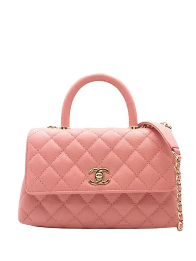 Pre-owned Chanel 2021-2025 Mini Caviar Coco Top Handle Bag Satchel In Pink