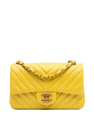 Pre-owned Chanel 2015-2016 Mini Rectangular Classic Chevron Lambskin Single Flap Crossbody Bag In Yellow