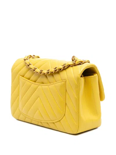 Pre-owned Chanel 2015-2016 Mini Rectangular Classic Chevron Lambskin Single Flap Crossbody Bag In Yellow