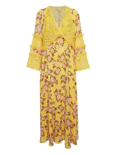 Pre-owned Giamba Lace Floral Dress In Yellow