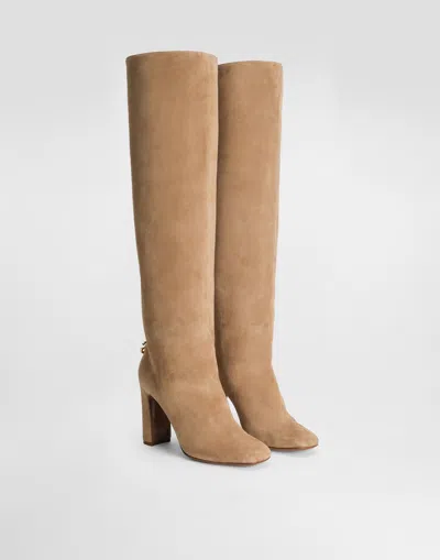 Dolce & Gabbana Knee-high Suede Block Heel Boots In Neutral