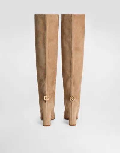 Dolce & Gabbana Knee-high Suede Block Heel Boots In Neutral
