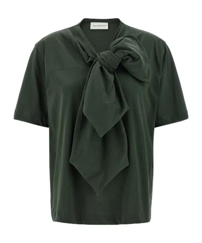 Dries Van Noten Bow Detail Crew Neck Short Sleeve Top In Green