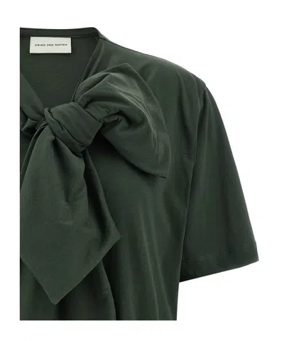 Dries Van Noten Bow Detail Crew Neck Short Sleeve Top In Green