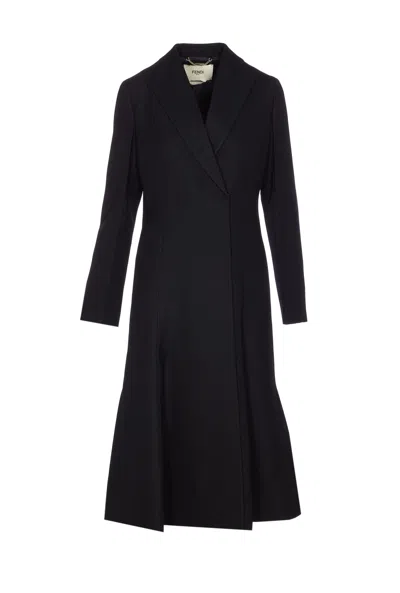 Fendi Black Grain De Poudre Wool Midi Coat With Peplum In Black