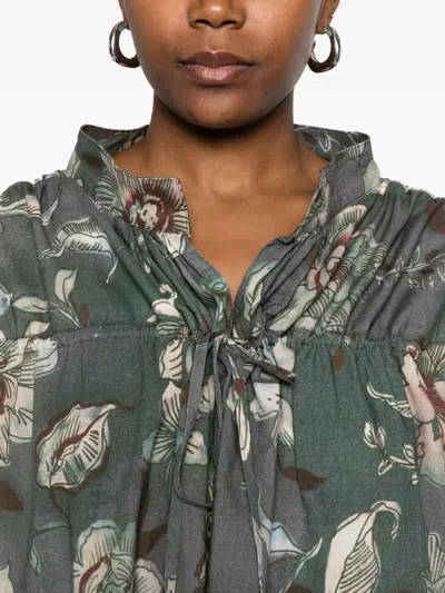 Hannes Roether Floral-print Tie-neck Top In Green