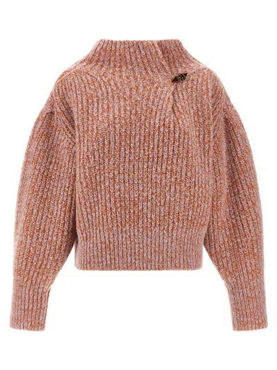 Dries Van Noten Chunky Knit High Neck Sweater With Brooch In Multi
