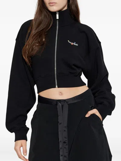 Off-white Floral Print Cropped Sweatshirt With High Collar In Black