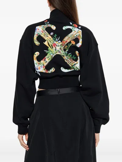 Off-white Floral Print Cropped Sweatshirt With High Collar In Black