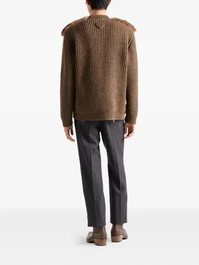 Prada Strickjacke Aus Wollgemisch Und Lammfell In Brown