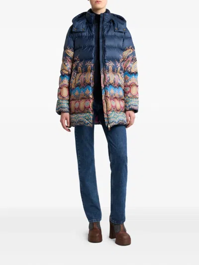 Etro Long Hooded Quilted Jacket With Paisley Pattern In Multi