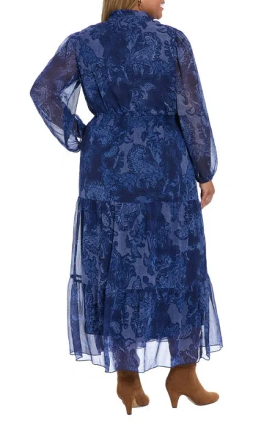 London Times Plus Size Printed Long Sleeve A-line Dress In Blue