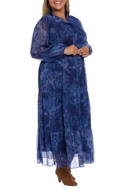 London Times Plus Size Printed Long Sleeve A-line Dress In Blue
