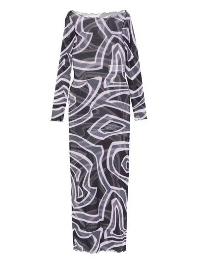 Pucci Maxi Dress With Abstract Pattern And Long Sleeves In Gray
