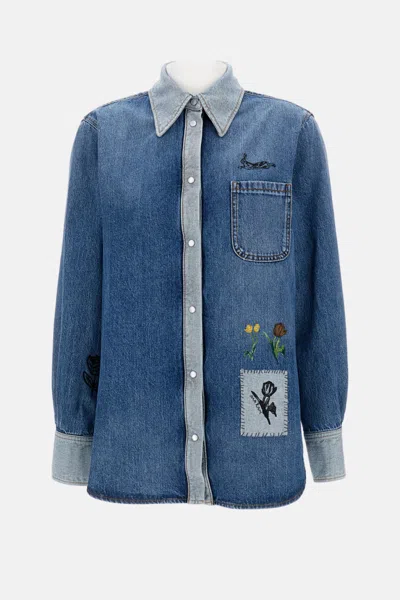 Marni Denim Shirt With Embroidered Floral Motifs In Blue