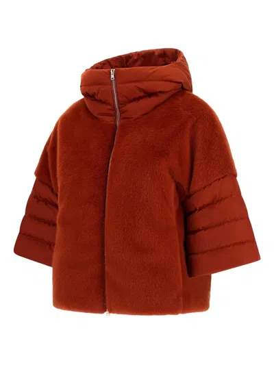 Herno Cape In Satin And Lady Alternative Fur In Orange