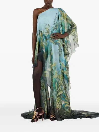 Roberto Cavalli Asymmetric Floral Print One Shoulder Dress In Multi