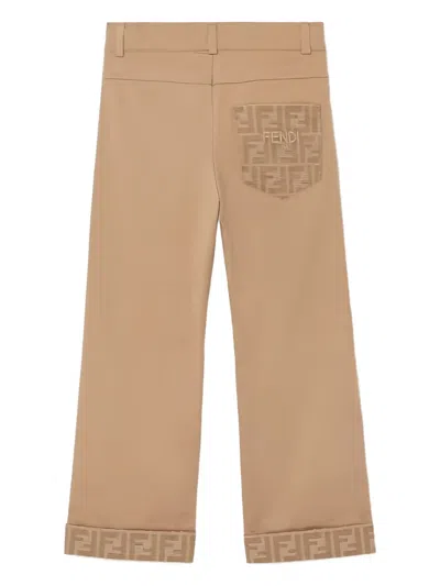 Fendi Caramel Gabardine Junior Pants With Logo In Nude