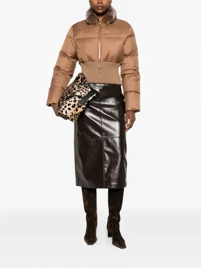 Fendi Short Padded Down Jacket With Shearling Collar Clothing In Brown