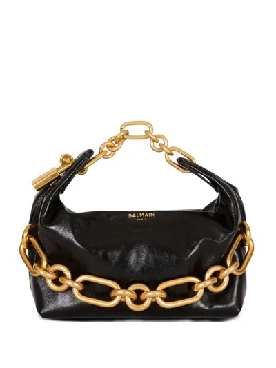 Balmain Sync Black Mini Handbag With Chain-link And Logo Plaque In Leather Woman In Black
