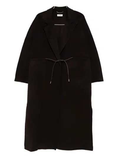 Soft Goat Drawstring Waist Lapel Coat In Black
