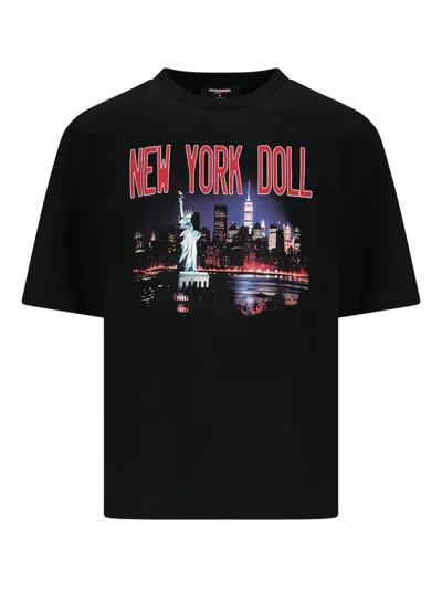 Dsquared2 Casual Cotton T-shirt With Nighttime Cityscape Print In Black