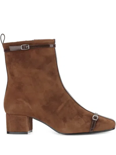 Carel Paris Brown Suede Ankle Boots With Decorative Buckled Straps In Brown