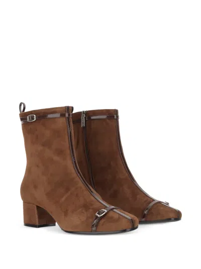 Carel Paris Brown Suede Ankle Boots With Decorative Buckled Straps In Brown