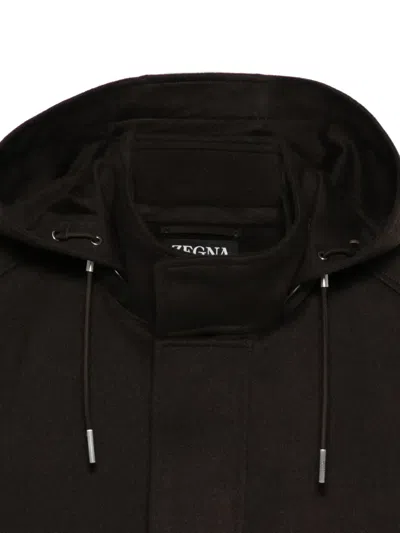 Zegna Drawstring-hood Coat In Brown