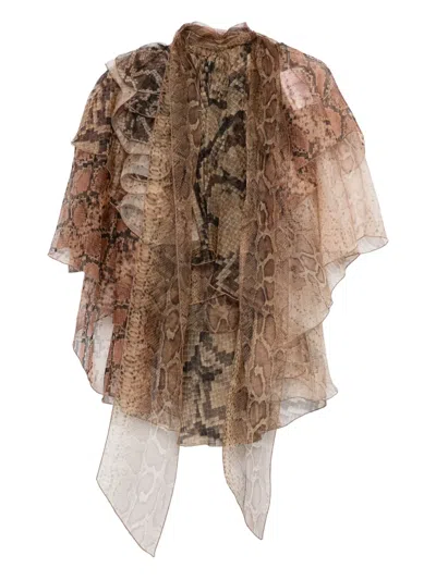 Zimmermann Memento Python-print Ruffled Silk-organza Blouse In Brown