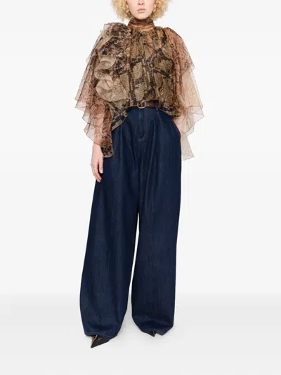 Zimmermann Memento Python-print Ruffled Silk-organza Blouse In Brown