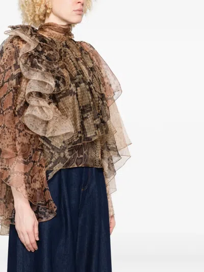 Zimmermann Memento Python-print Ruffled Silk-organza Blouse In Brown
