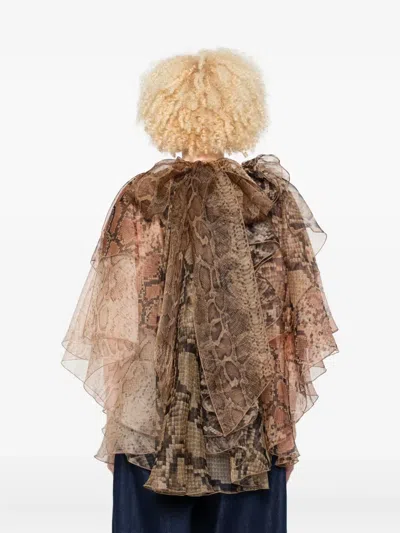 Zimmermann Memento Python-print Ruffled Silk-organza Blouse In Brown
