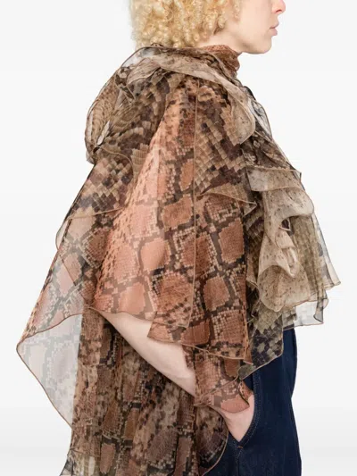 Zimmermann Memento Python-print Ruffled Silk-organza Blouse In Brown