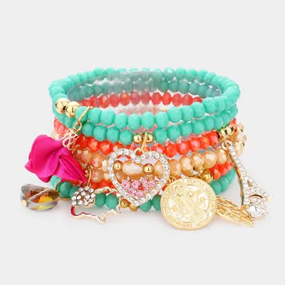 Fashnzfab 7pcs - Eiffel Tower Sheep Leaf Heart Fabric Flower Charm Faceted Beaded Stretch Bracelets In Multi