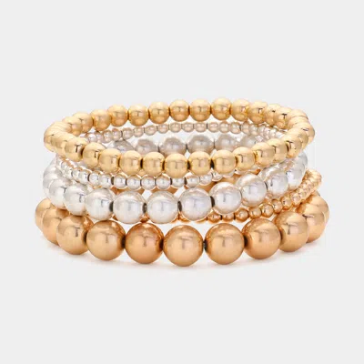 Fashnzfab 5pcs - Metal Ball Beaded Stretch Bracelets Worn Gold, Worn Silver In Gold