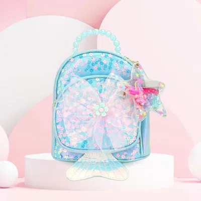 Fashnzfab Flower Centered Bow Fish Tail Pointed Flower Sequin Embellished Tiny Mini Backpack With Star Keychai In Blue