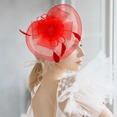 Fashnzfab Bow Flower Feather Mesh Fascinator / Headband In Red