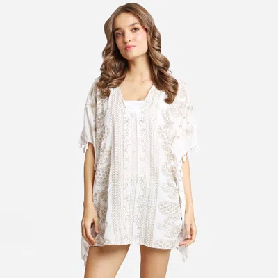Truedames Boho Floral Embroidered Poncho Dress In White
