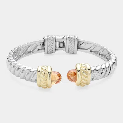 Fashnzfab Cz Stone Tip Hinged Cuff Bracelet Peach, Two Tone In Silver